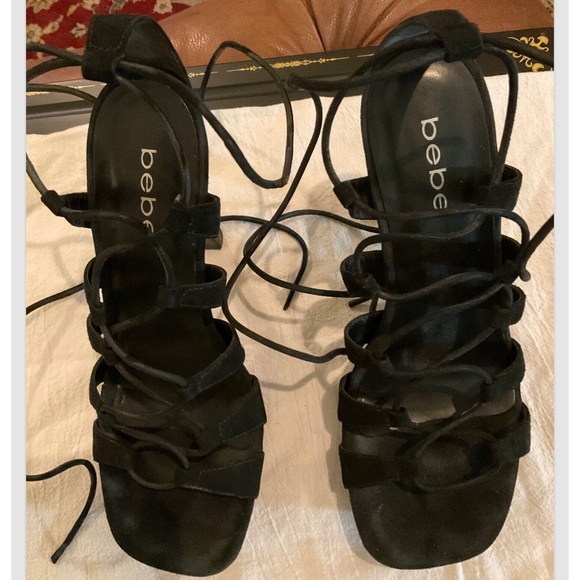 Bebe Tie Up Black Strappy Sandals Stiletto Heels Size 8 Platform - Picture 5 of 8